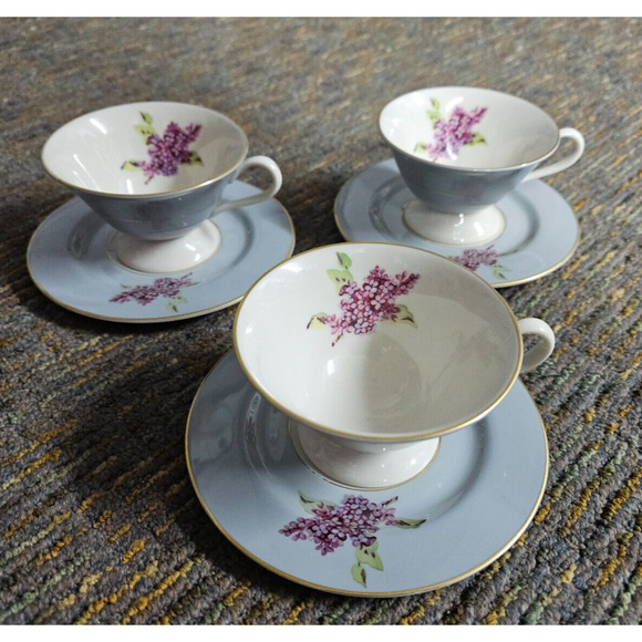 Fine Arts GEORGIAN LILAC Set of 3 Cups and Saucers Blue & Purple w/Gold trim